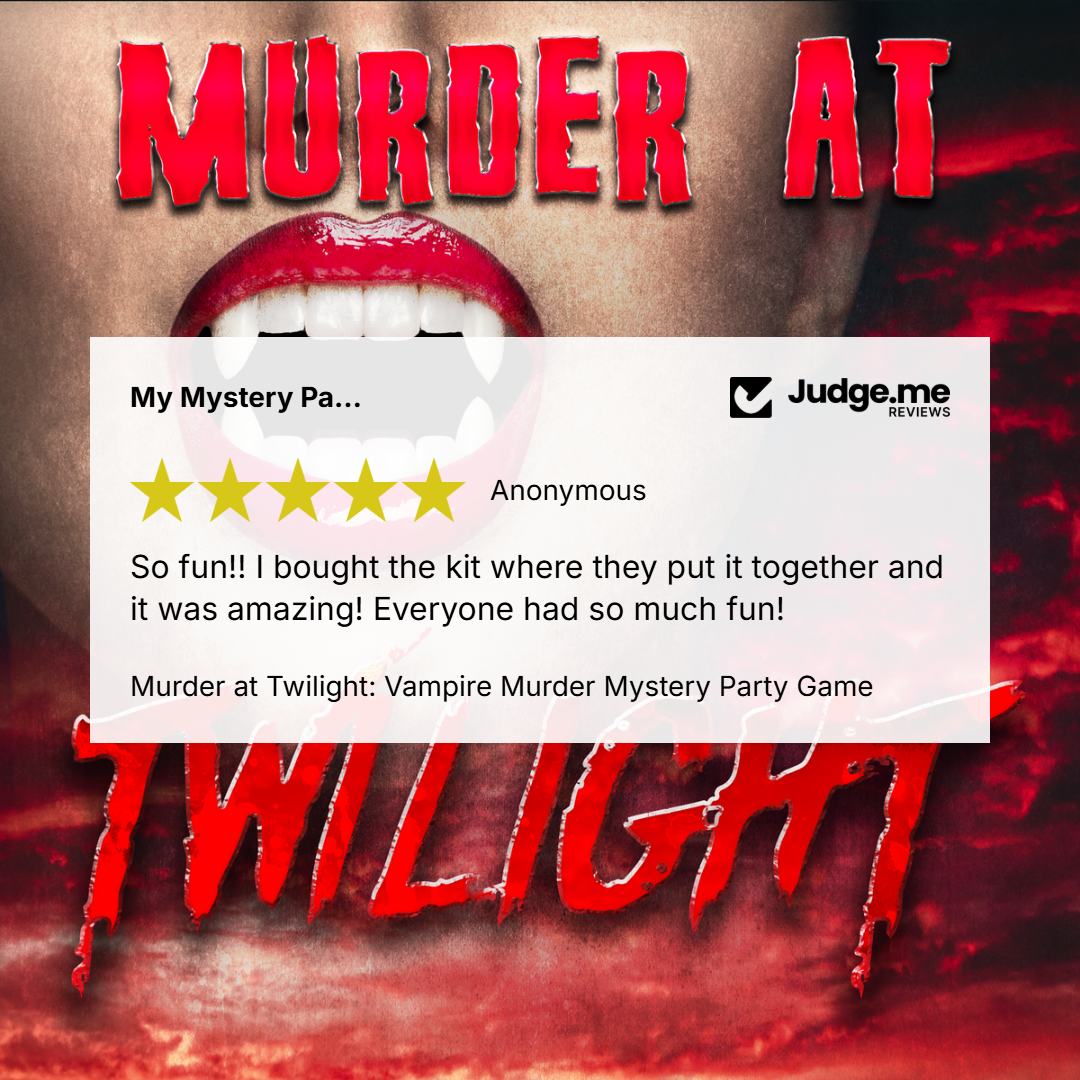 Promotional graphic for the 'Murder at Twilight: Vampire Murder Mystery Party Game' by Judge.me Reviews, featuring a close-up of a person's mouth with vampire fangs and a large red title.