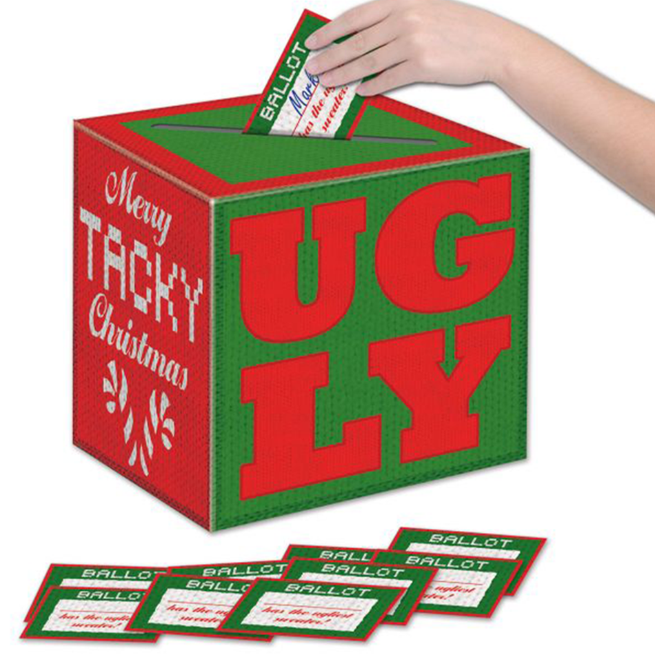 Ugly sweater ballot box for a mystery party.