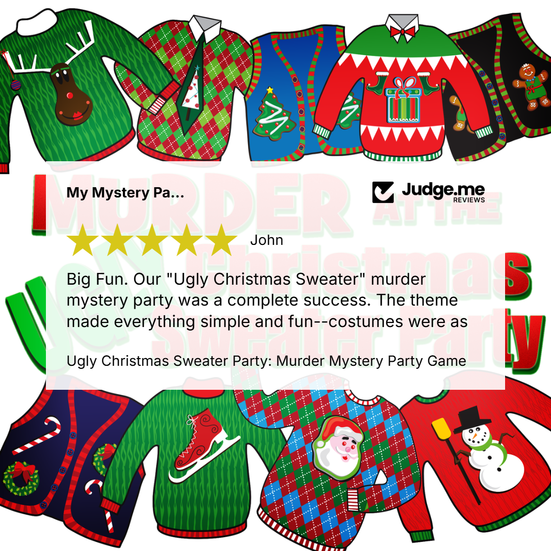 A collage of colorful Christmas sweater designs surrounding a central text box that reads a customer review for a 'Ugly Christmas Sweater' party game, with the Judge.me Reviews logo visible.