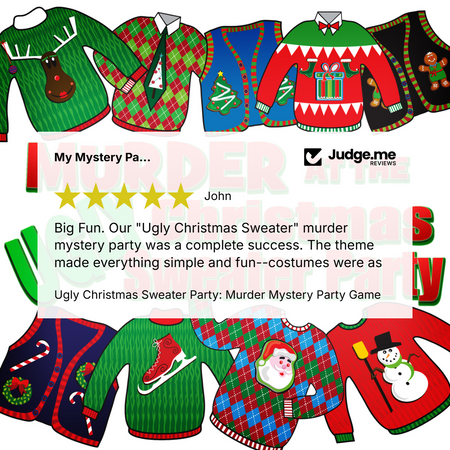 A collage of colorful Christmas sweater designs surrounding a central text box that reads a customer review for a 'Ugly Christmas Sweater' party game, with the Judge.me Reviews logo visible.