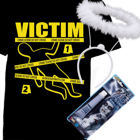 Victim T Shirt, halo and Zombie makeup for the murder mystery victim's kit