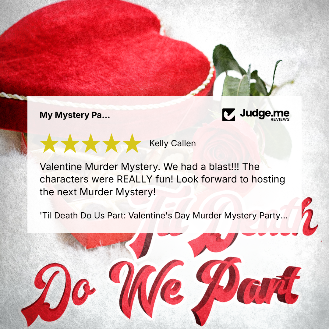 A promotional graphic for a Valentine's Day murder mystery party, featuring a red velvet heart, rose stem, and a review card with the Judge.me Reviews logo.