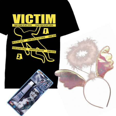 Victim\'s kit for a murder mystery party game. 