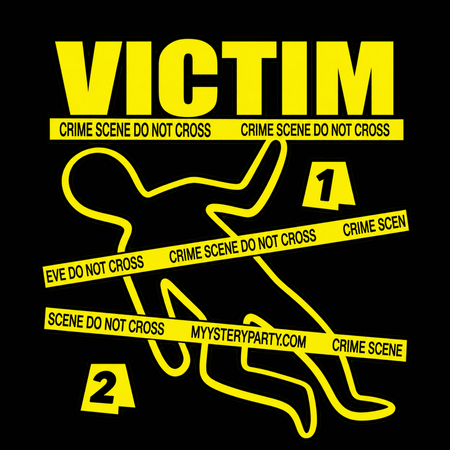 Victim TShirt Graphic showing a body outline in yellow and a title VICTIM
