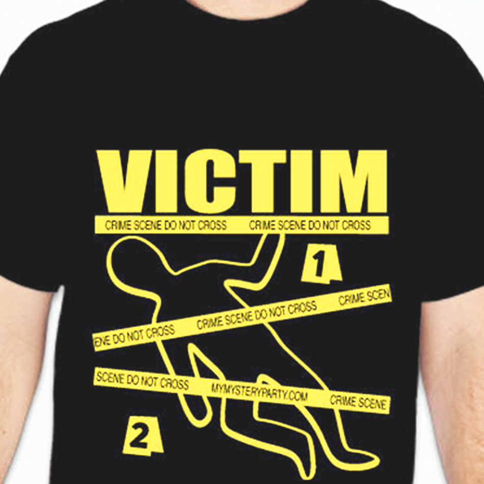 Victim t-shirt for a murder mystery party game by My Mystery Party.