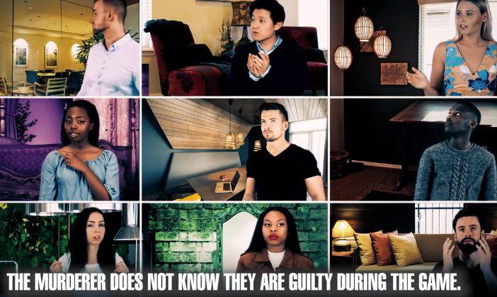 A 3x3 collage of nine indoor scenes featuring different people in various rooms, with a bold white text overlay at the bottom reading 'THE MURDERER DOES NOT KNOW THEY ARE GUILTY DURING THE GAME.'.