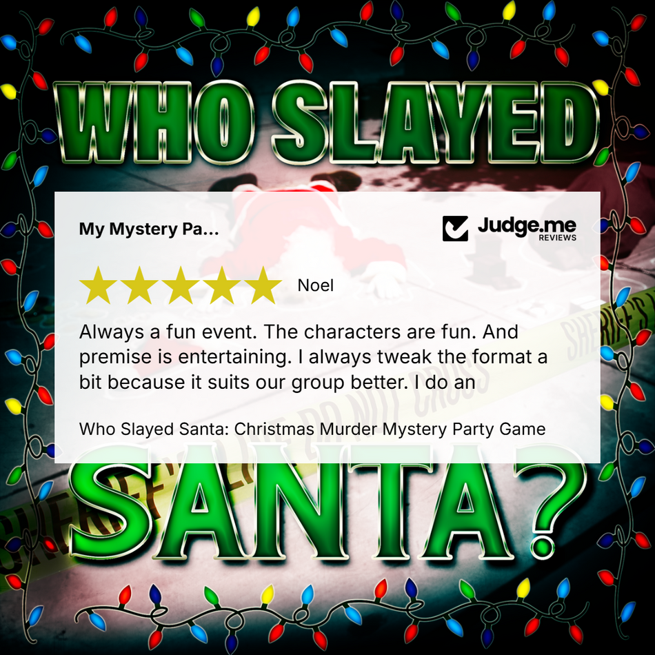 5 Star review for Who Slayed Santa Christmas murder mystery party game