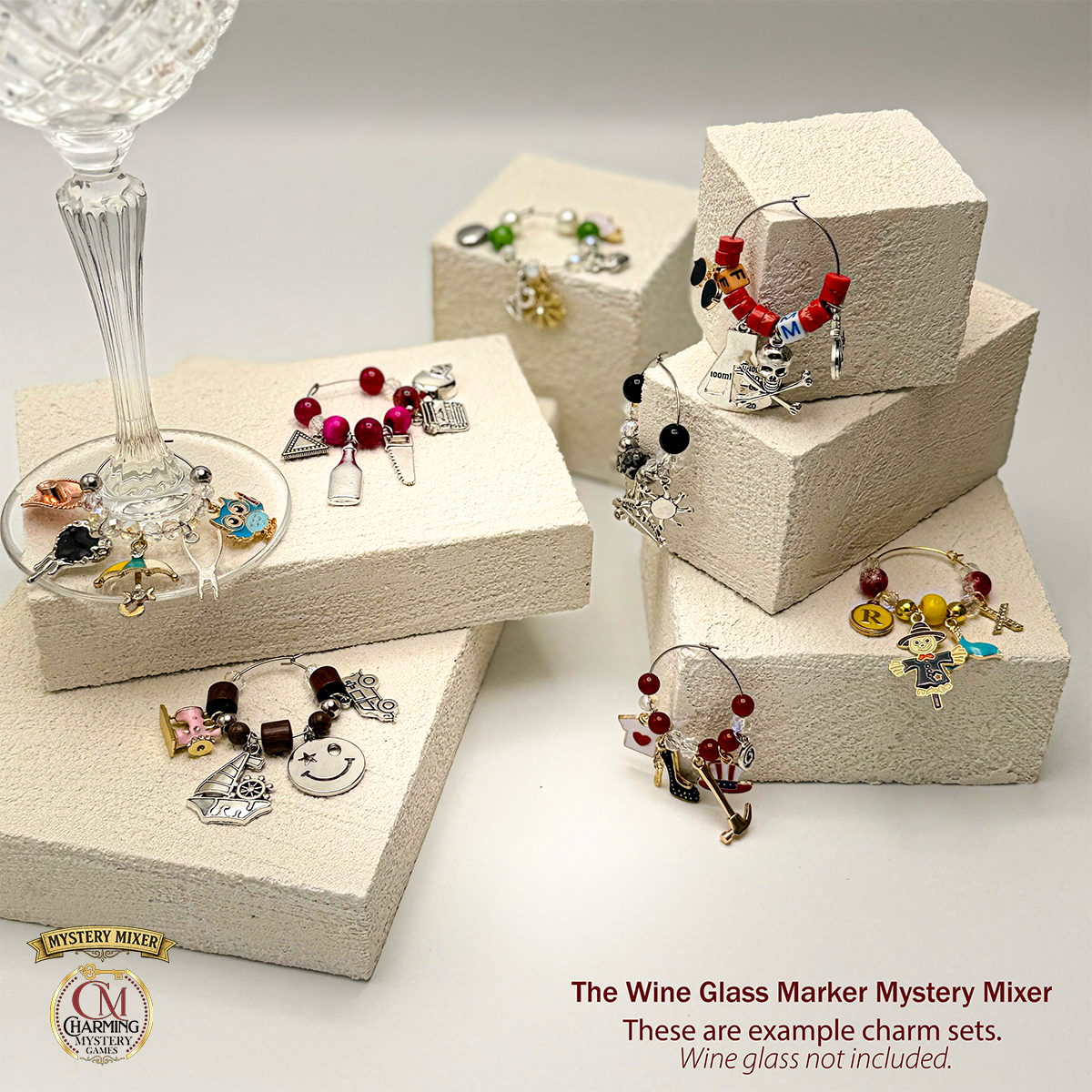 Example Wine Charm Sets for the Mystery Mixer mystery game. 