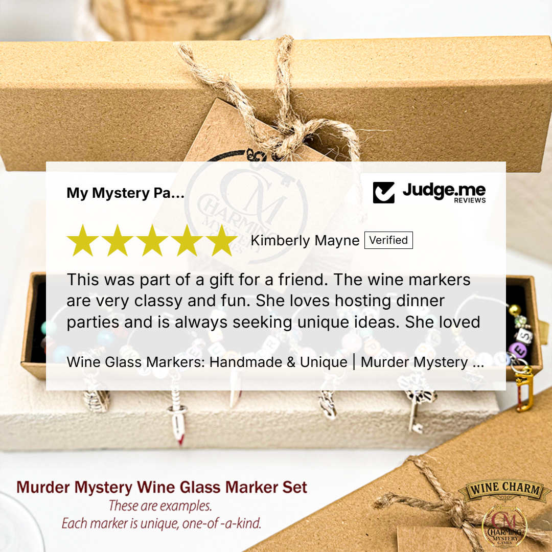 A gift box with a kraft paper lid tied with twine, opened to reveal a small jewelry box containing wine glass markers. A large review card overlay is centered on the image, with text at the bottom reading 'Murder Mystery Wine Glass Marker Set'.