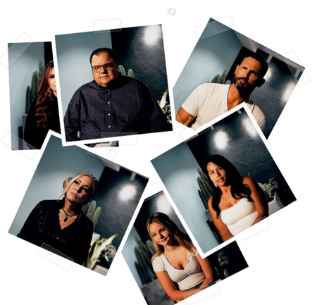A collage of six tilted instant-photo-style frames showing different people in indoor portraits against dark blue-gray walls with bright overhead lights.