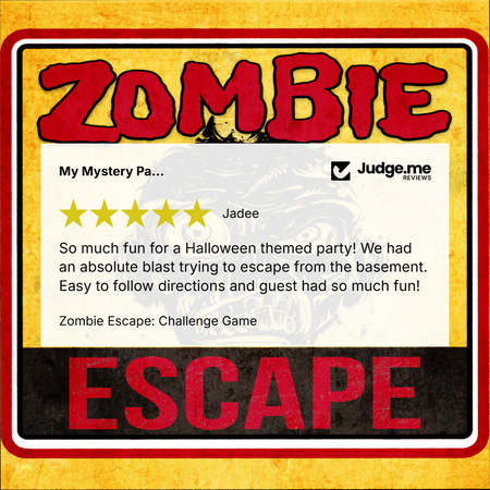 A promotional graphic for a zombie-themed escape room game, featuring a retro card design with the word 'ZOMBIE' in large red letters at the top and 'ESCAPE' in red at the bottom. A review section in the center shows a five-star rating and guest feedback for 'Jadeed' at 'Judge.