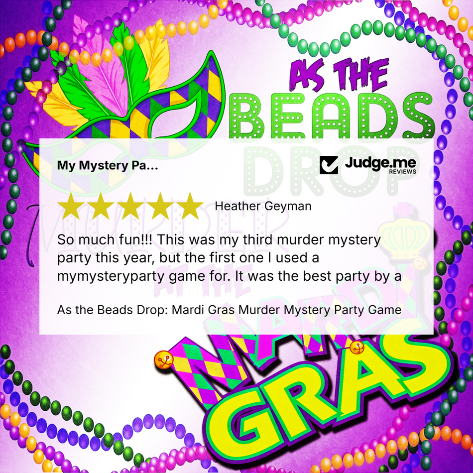 Promotional graphic for a Mardi Gras mystery party game, featuring colorful masquerade beads, a purple mask, and large 'As the Beads' and 'New Orleans' text. A white review card with a five-star rating and the Judge.
