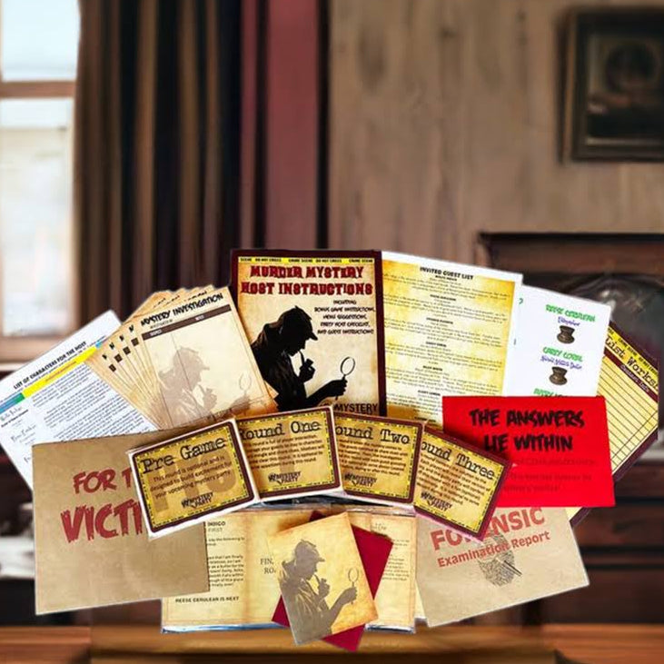 A floating collage of vintage-style pamphlets, cards, and printed documents in tan, red, yellow, black, and white, set against a blurred interior room with a window, curtains, and wooden furniture.
