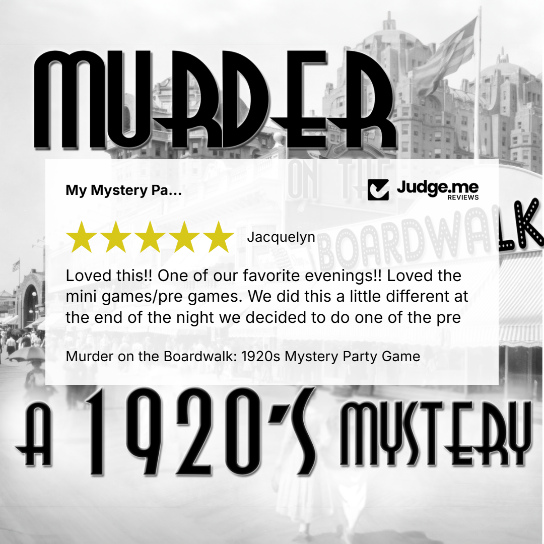 Promotional graphic for a mystery party game titled "Murder on the Boardwalk: 1920s Mystery Party Game," with large black stylized text over a black-and-white city street scene. A review card from Judge.