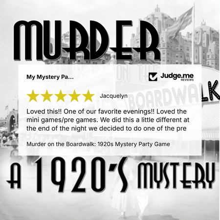 Promotional graphic for a mystery party game titled "Murder on the Boardwalk: 1920s Mystery Party Game," with large black stylized text over a black-and-white city street scene. A review card from Judge.