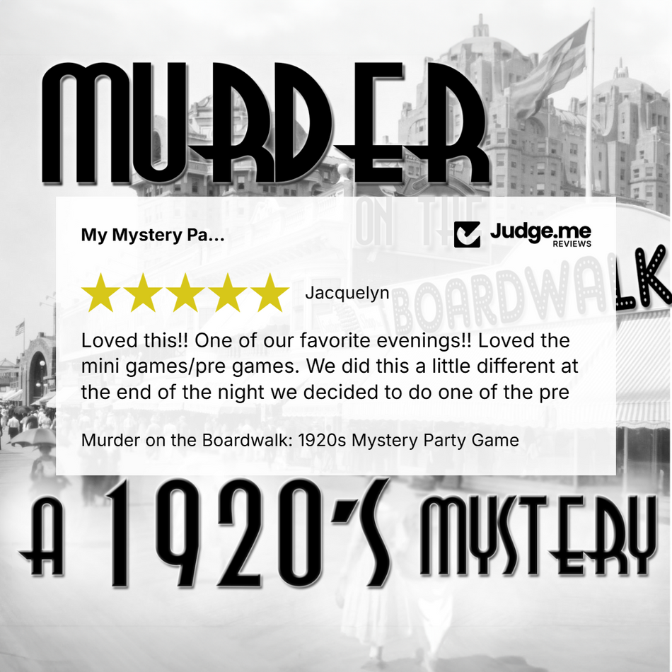 Promotional graphic for a mystery party game titled "Murder on the Boardwalk: 1920s Mystery Party Game," with large black stylized text over a black-and-white city street scene. A review card from Judge.