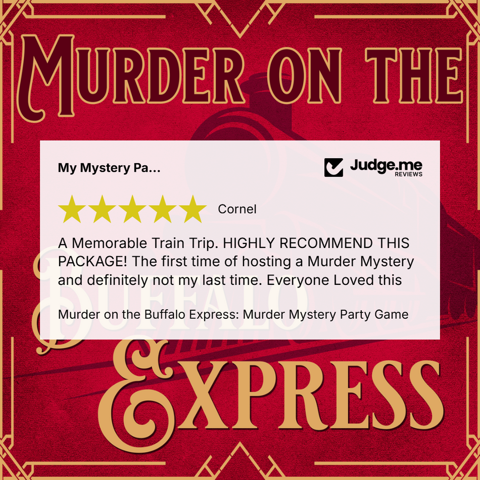 Promotional graphic for a 'Murder on the Express' mystery party game, featuring a red vintage train illustration with gold lettering and a central white review card showing a five-star rating and a Judge.me review.