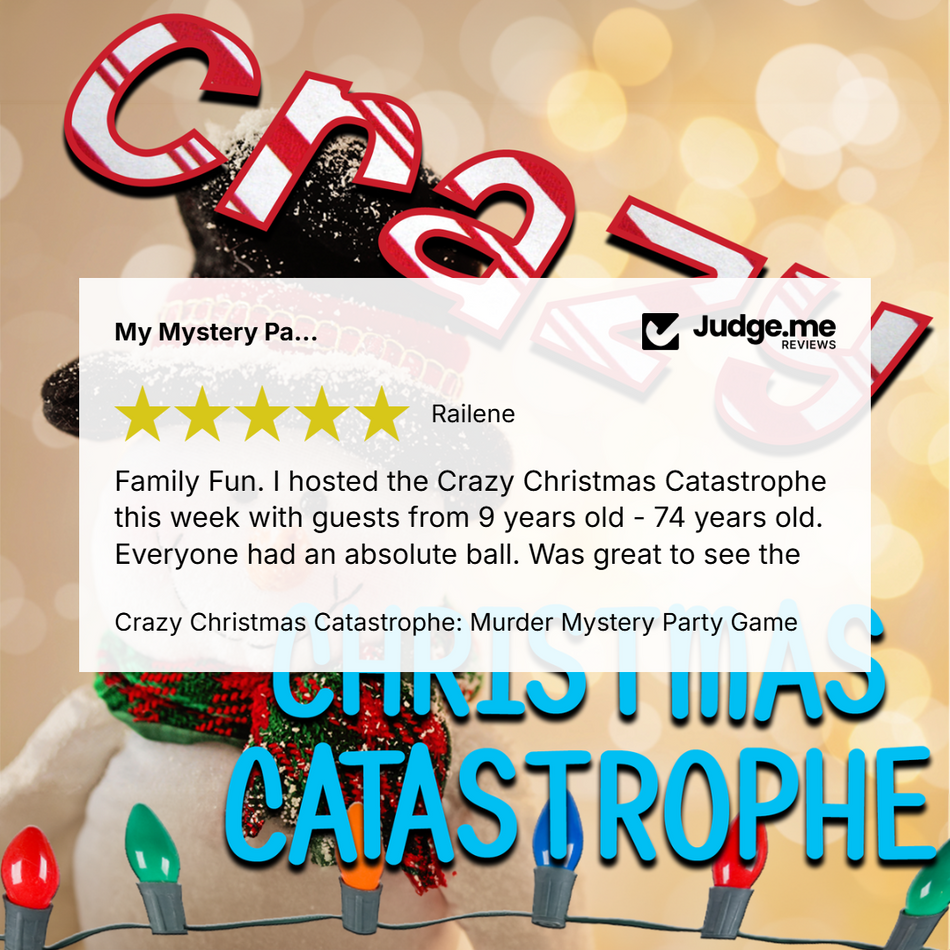 A promotional graphic for the 'Crazy Christmas Catastrophe' murder mystery party game. The design features a festive Christmas theme with a large red and white 'Crazy' text at the top, a white review card in the center with a 5-star rating and a 'Judge.