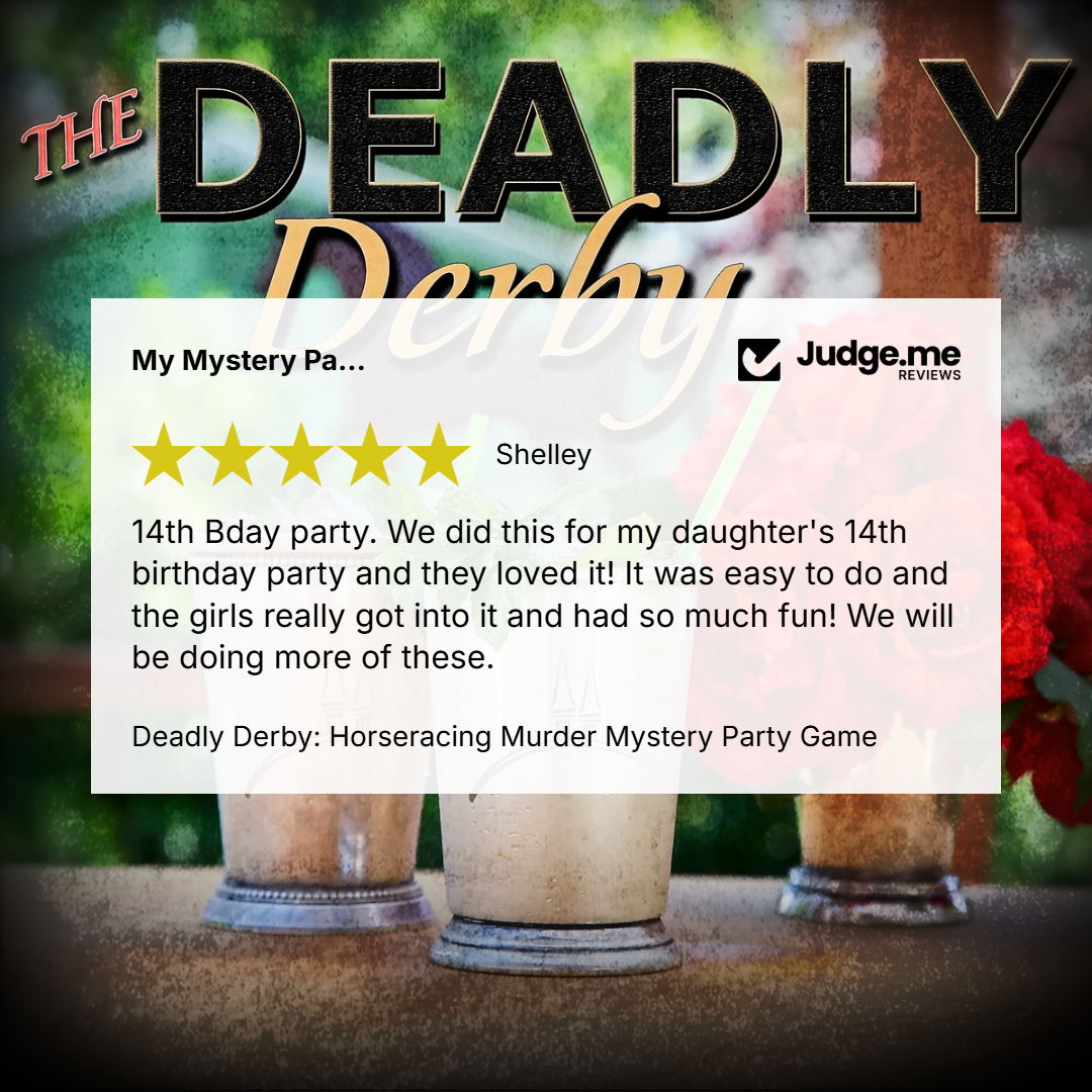 A promotional graphic for 'The Deadly Derby' mystery party game, featuring a white review card with a customer testimonial from 'Shelley' on a blurred background of three derby cups and a red rose.