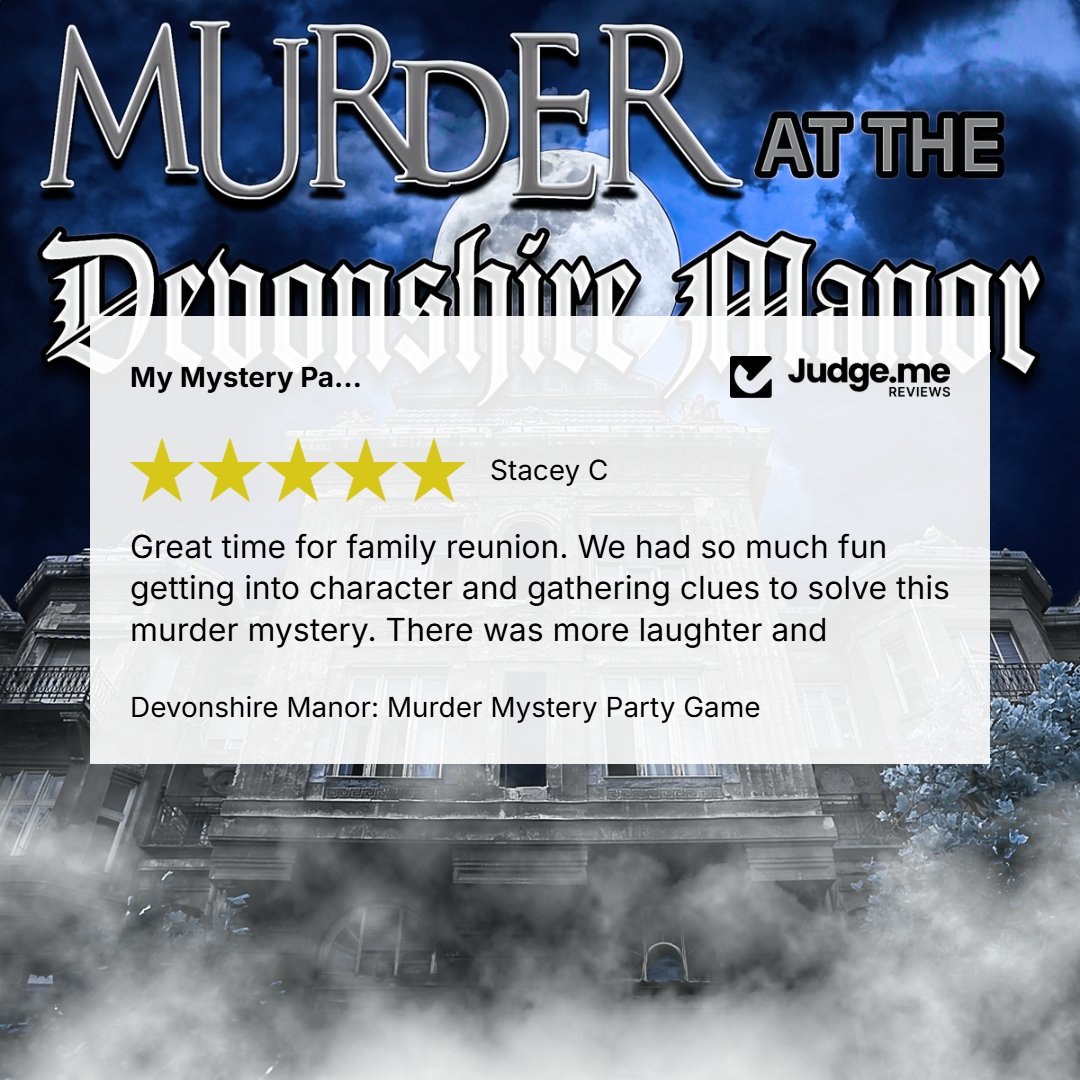 Promotional graphic for the 'Murder at the Devonshire Manor' party game, featuring a dark, foggy manor house under a full moon. A white review card overlay shows a 5-star rating from Stacey C and includes the Judge.