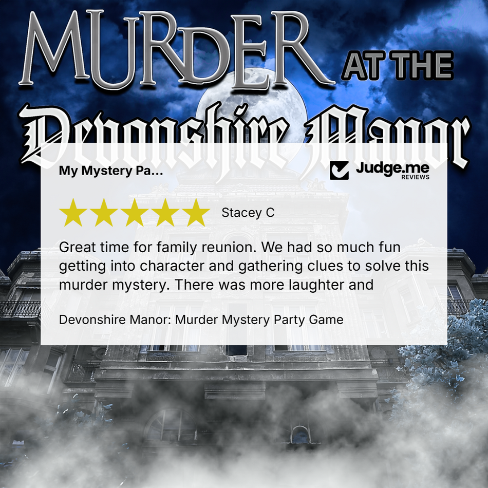 Promotional graphic for the 'Murder at the Devonshire Manor' party game, featuring a dark, foggy manor house under a full moon. A white review card overlay shows a 5-star rating from Stacey C and includes the Judge.