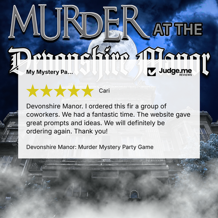 Promotional graphic for a mystery party game titled 'Murder at the Demonshire Manor' with a review overlay from Judge.me.