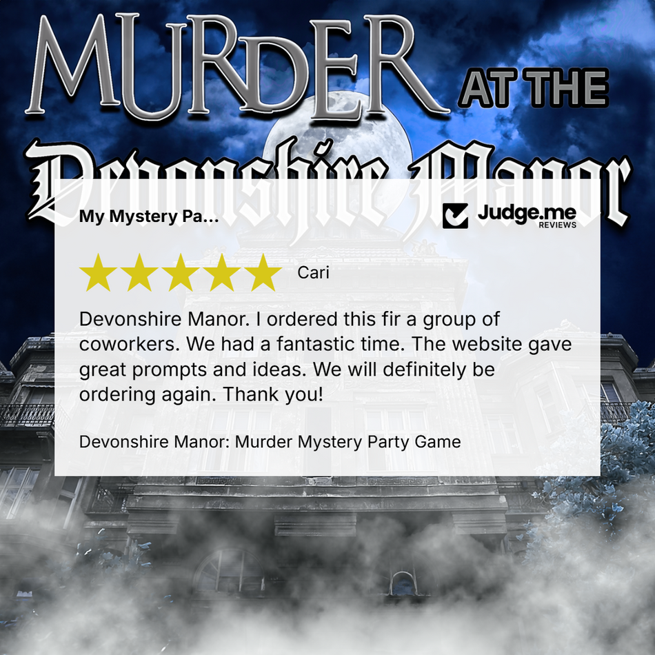Promotional graphic for a mystery party game titled 'Murder at the Demonshire Manor' with a review overlay from Judge.me.