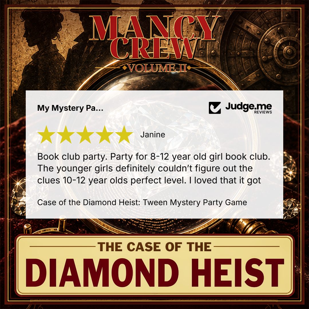 Promotional graphic for 'The Case of the Diamond Heist' mystery party game by Mancy Crew Volume II, featuring a central white review card with a Judge.me review and gold and brown decorative borders.