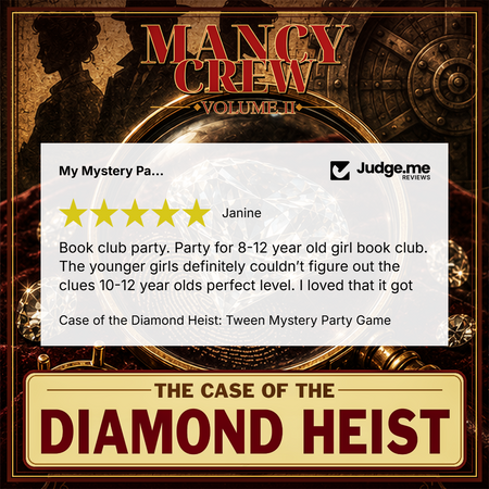 Promotional graphic for 'The Case of the Diamond Heist' mystery party game by Mancy Crew Volume II, featuring a central white review card with a Judge.me review and gold and brown decorative borders.
