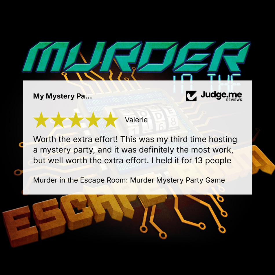 Promotional graphic for a mystery party game titled 'Murder in the Escape Room'. The design features a white rating card with a 5-star review from 'Valerie' and the 'Judge.