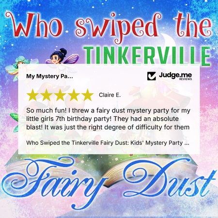 Promotional graphic for a 'Fairy Dust Mystery Party' featuring a glowing fantasy background with a fairy, an open book, and large decorative text. A review card from Judge.
