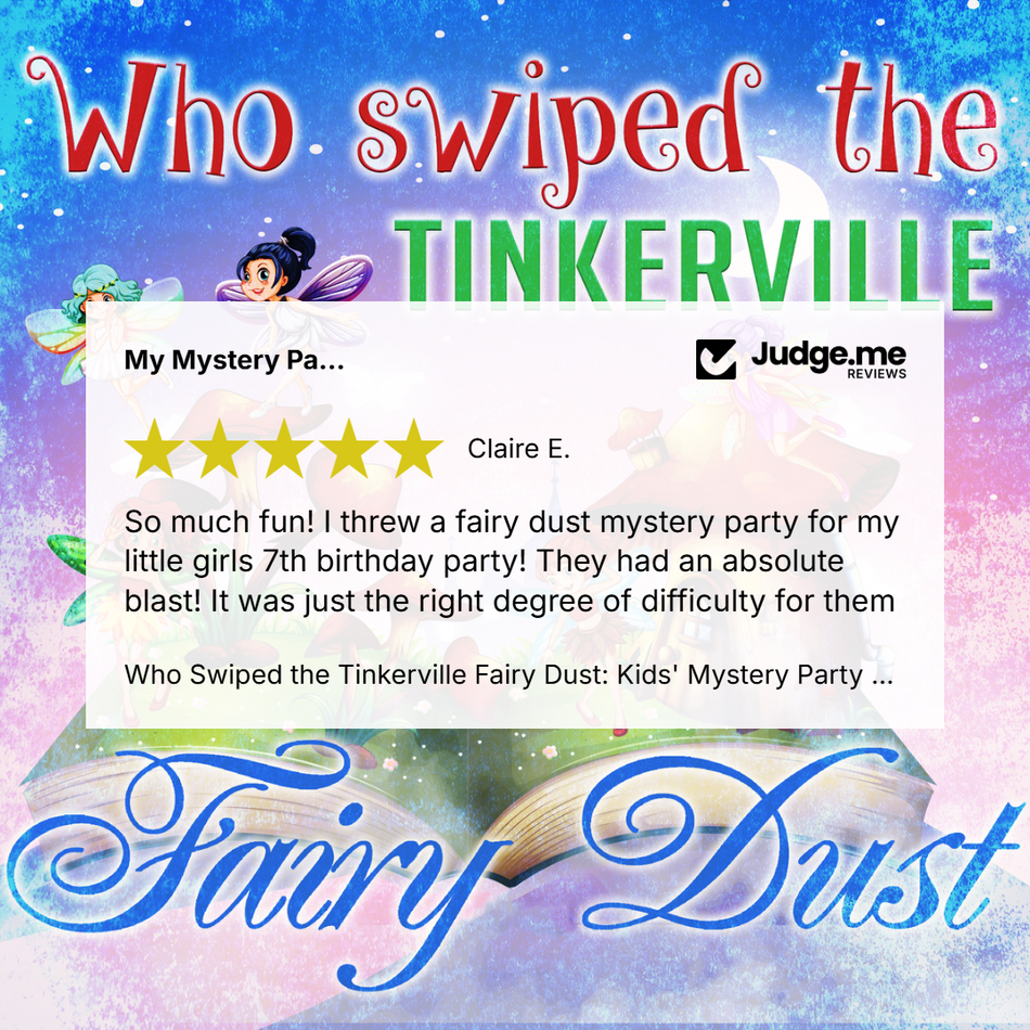 Promotional graphic for a 'Fairy Dust Mystery Party' featuring a glowing fantasy background with a fairy, an open book, and large decorative text. A review card from Judge.