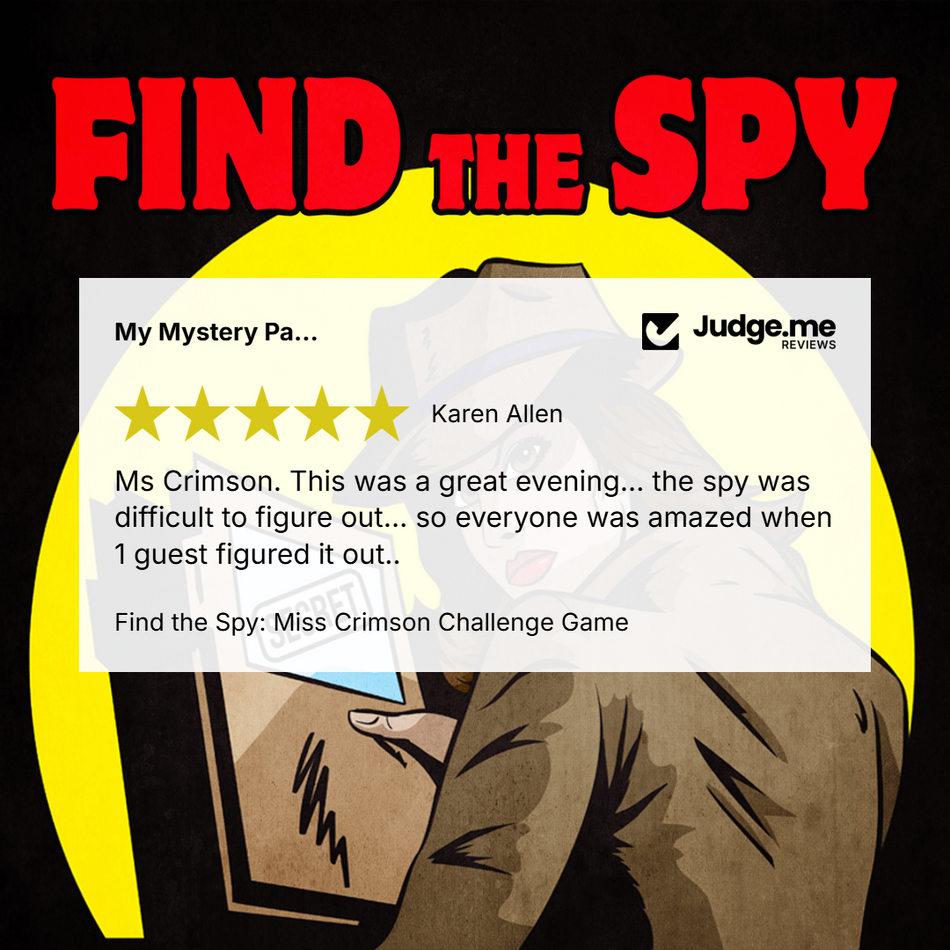 Promotional graphic for the 'Find the Spy: Miss Crimson Challenge Game' featuring a cartoon illustration of a spy in a trench coat holding a map, with a review from 'Karen Allen' on a Judge.me platform.