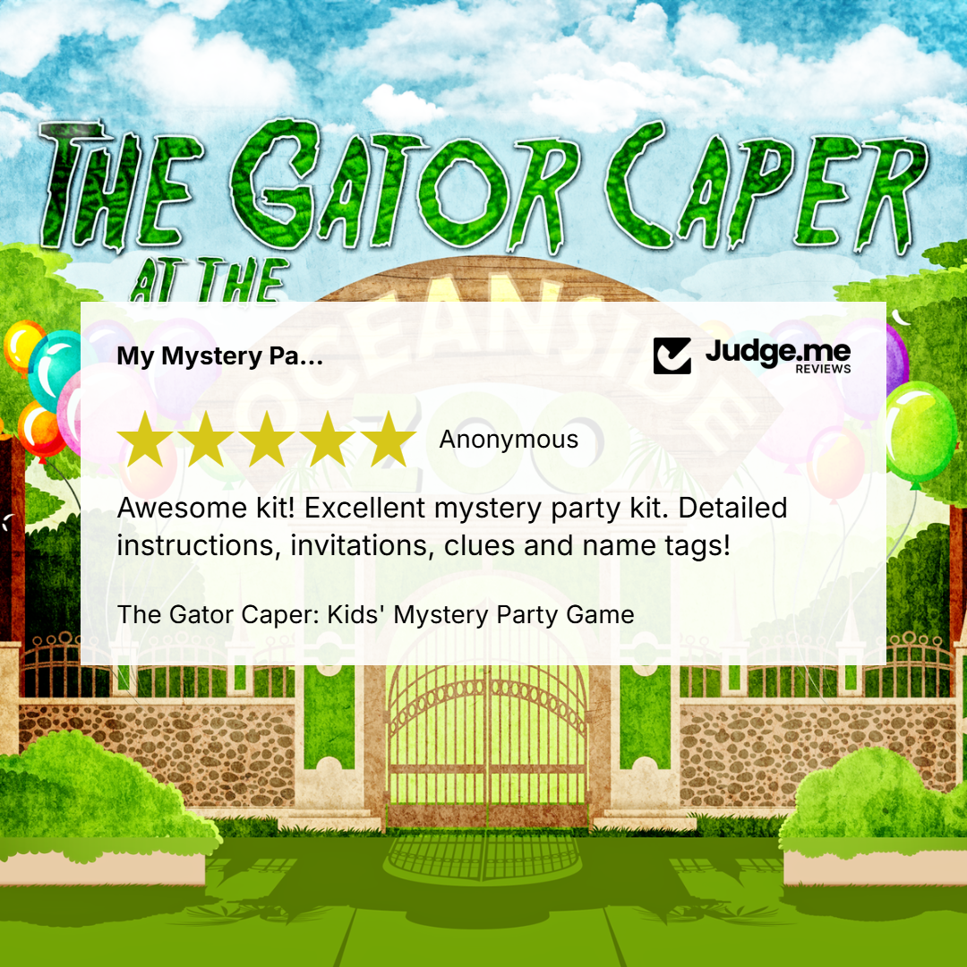 Promotional graphic for 'The Gator Caper' kids' mystery party game, featuring a cartoon tropical scene with a gate, trees, balloons, and a review card from Judge.me with a five-star rating.