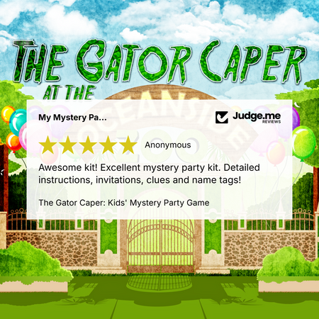 Promotional graphic for 'The Gator Caper' kids' mystery party game, featuring a cartoon tropical scene with a gate, trees, balloons, and a review card from Judge.me with a five-star rating.