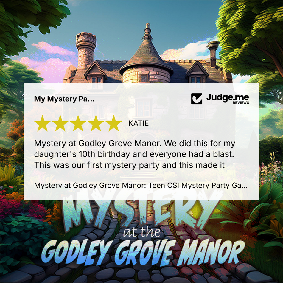 A promotional graphic for a mystery party experience at Godley Grove Manor, featuring a large white review card overlaid on a colorful illustration of the manor house. The card includes a five-star rating, a customer name Katie, and text from Judge.
