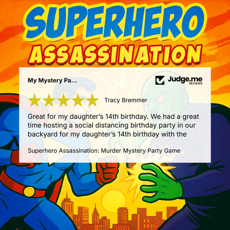 Promotional graphic for the 'Superhero Assassination: Murder Mystery Party Game' featuring a 5-star customer review from Judge.me.