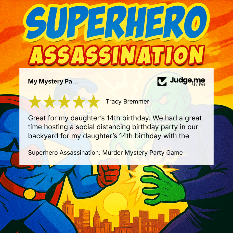 Promotional graphic for the 'Superhero Assassination: Murder Mystery Party Game' featuring a 5-star customer review from Judge.me.