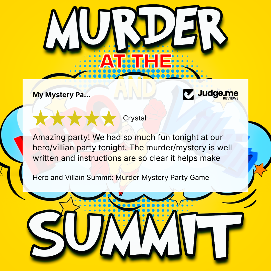 Promotional graphic for the 'Judge.me' review of the 'Hero and Villain Summit: Murder Mystery Party Game'.