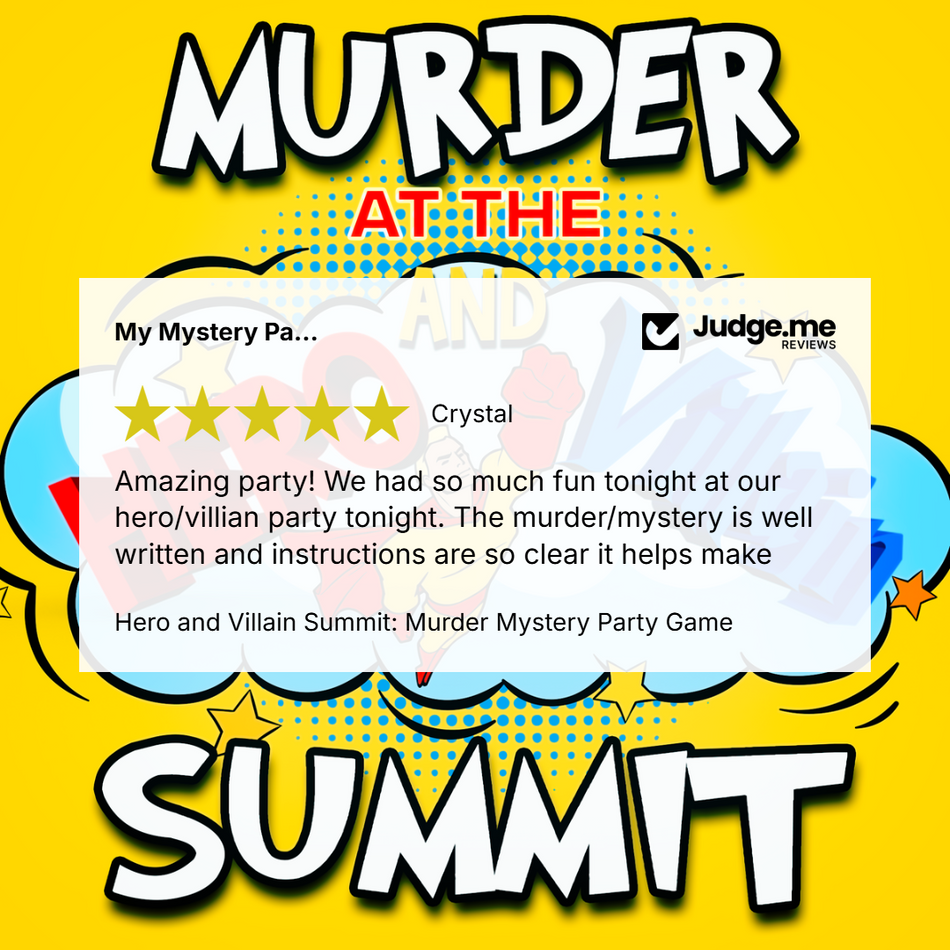 Promotional graphic for the 'Judge.me' review of the 'Hero and Villain Summit: Murder Mystery Party Game'.