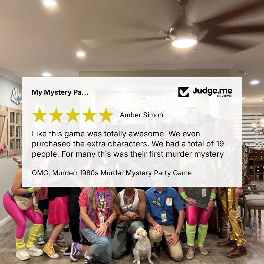 5 Star Review for the OMG 1980s murder mystery party game