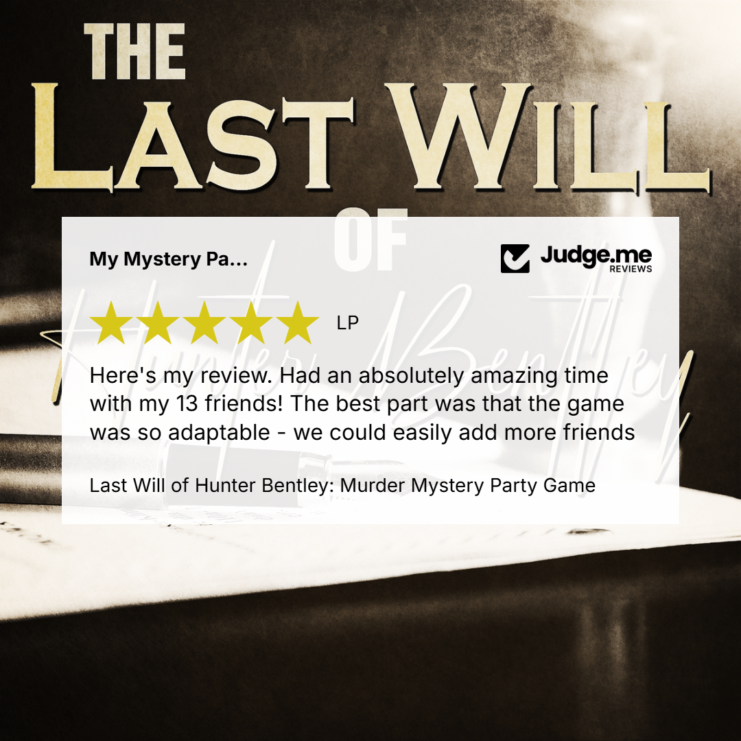 Promotional graphic for 'The Last Will of Hunter Bentley: Murder Mystery Party Game' featuring a review card with a Judge.me Reviews logo and five-star rating on a dark, moody background with an open book.
