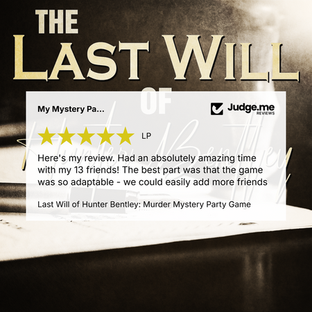 Promotional graphic for 'The Last Will of Hunter Bentley: Murder Mystery Party Game' featuring a review card with a Judge.me Reviews logo and five-star rating on a dark, moody background with an open book.
