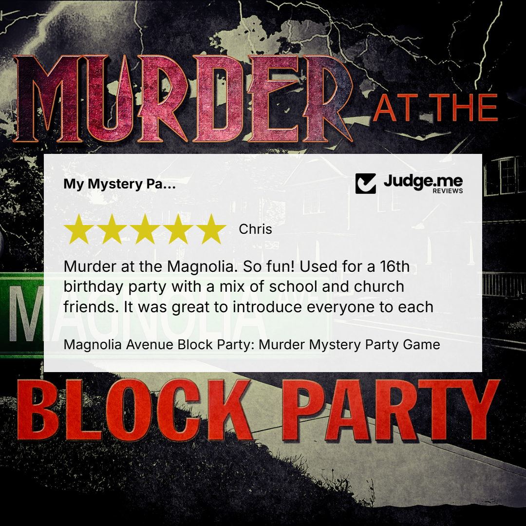 Promotional graphic for a 'Murder at the Magnolia' block party game, featuring a white review card with a five-star rating and customer testimonial from 'Chris' on a dark, stormy street background with large red text reading 'MURDER AT THE BLOCK PARTY'.