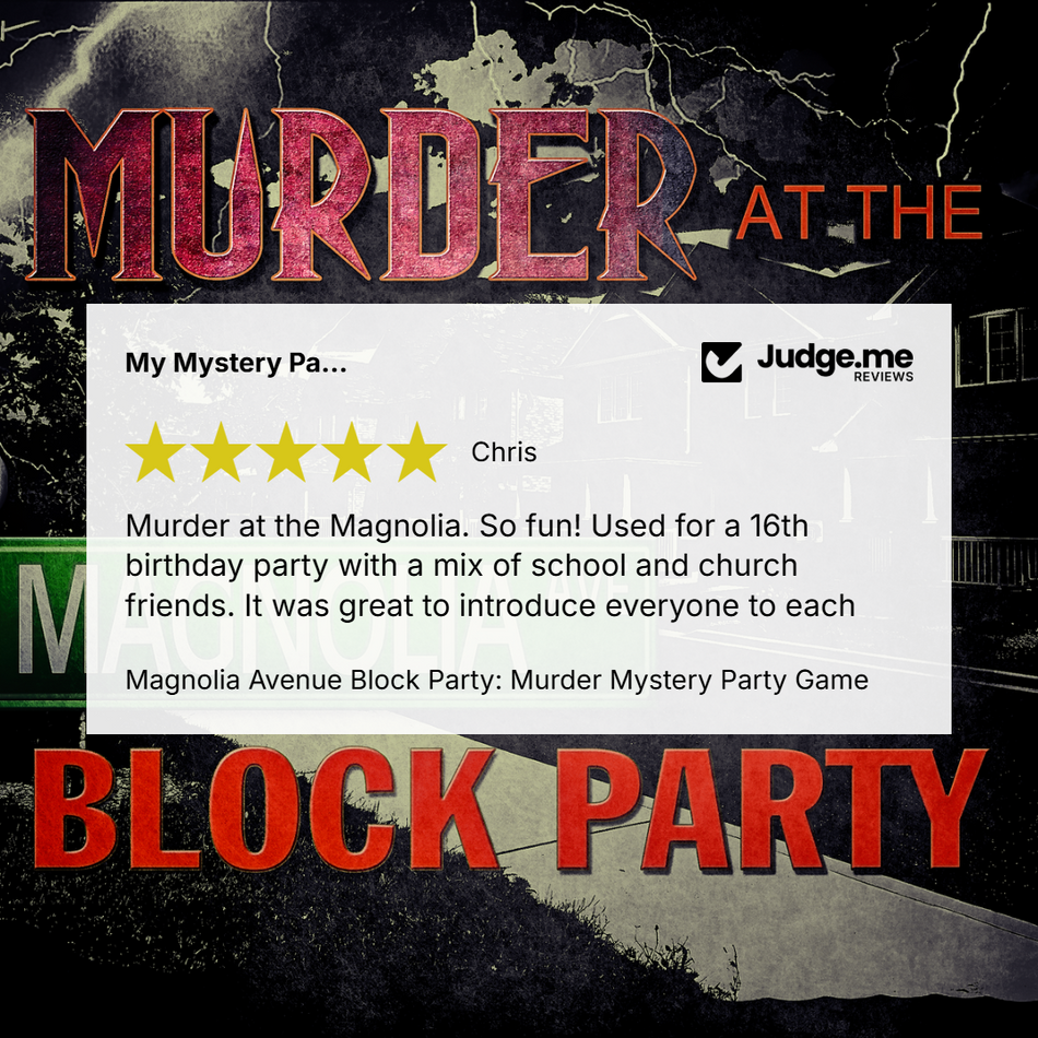 Promotional graphic for a 'Murder at the Magnolia' block party game, featuring a white review card with a five-star rating and customer testimonial from 'Chris' on a dark, stormy street background with large red text reading 'MURDER AT THE BLOCK PARTY'.