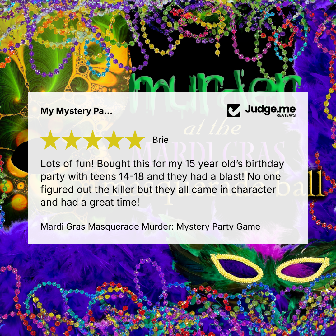 A promotional graphic for a Mardi Gras masquerade murder mystery party game. The center features a white semi-transparent card displaying a customer review with a 5-star rating and the Judge.