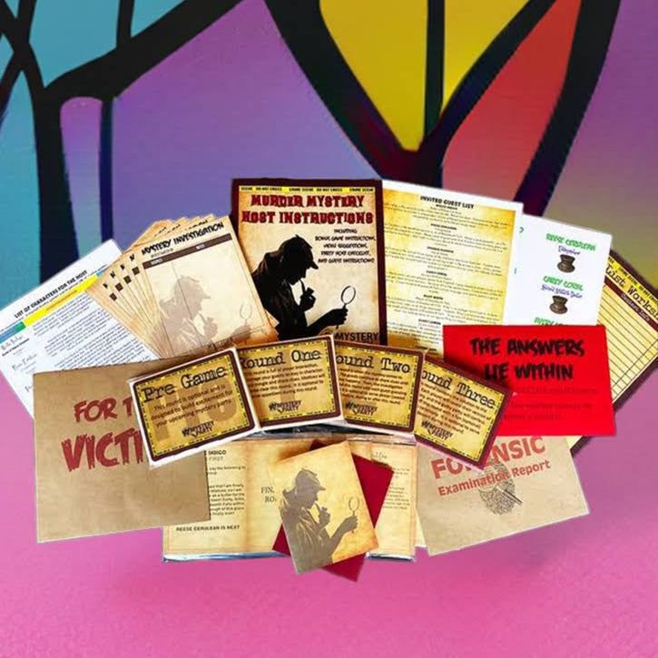 80's themed murder mystery party boxed kit example.
