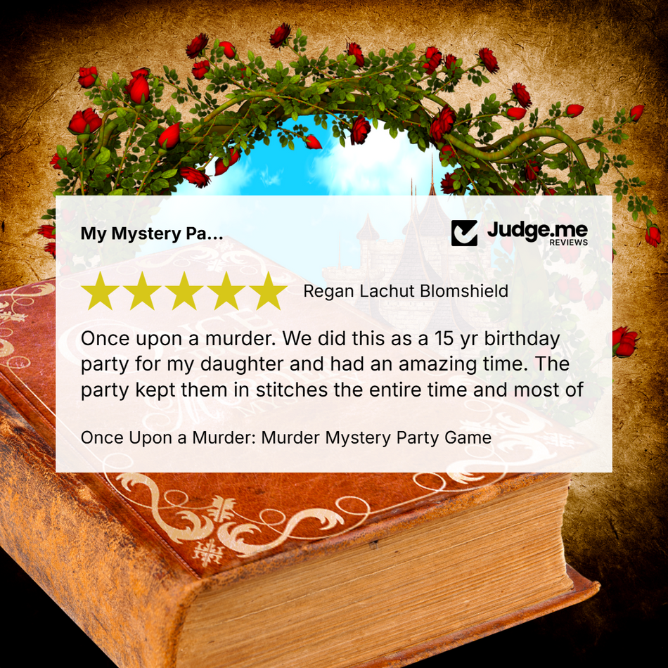 A promotional graphic for a 'Mystery Party Game' based on the book 'Once Upon a Murder'. The image shows a stack of old books, a rose garland arch, and a central white card displaying a customer review with a 5-star rating and the Judge.