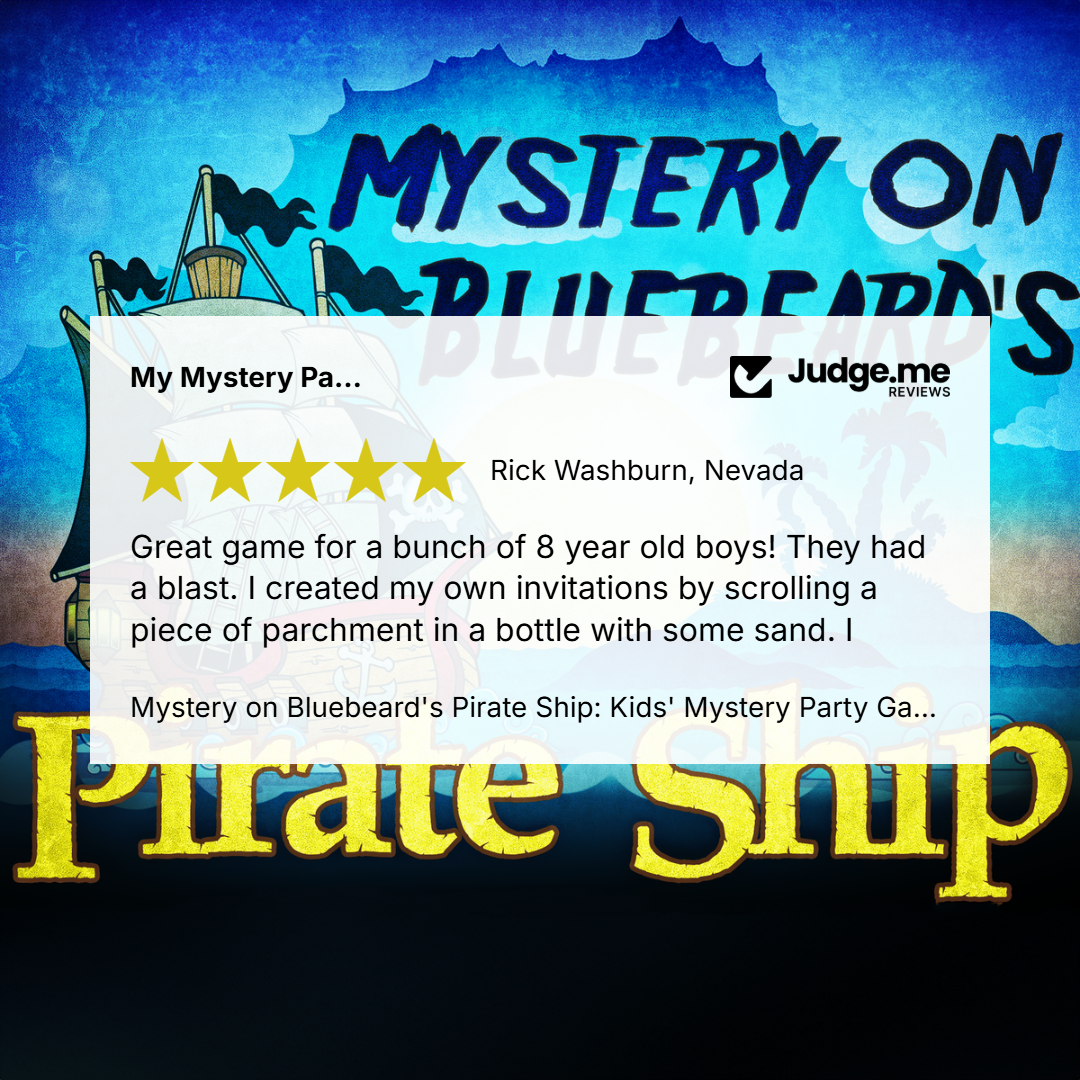 A promotional graphic for a 'Mystery on Bluebeards Pirate Ship' party game, featuring a white review card with a five-star rating and customer testimonial from Judge.me, set against a blue pirate ship illustration with yellow 'Pirate Ship' text.