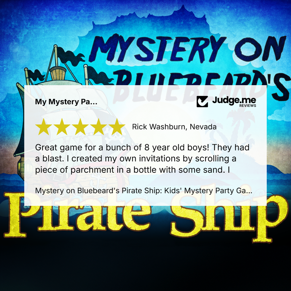 A promotional graphic for a 'Mystery on Bluebeards Pirate Ship' party game, featuring a white review card with a five-star rating and customer testimonial from Judge.me, set against a blue pirate ship illustration with yellow 'Pirate Ship' text.